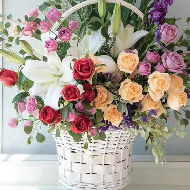 Fairy Spirit Basket, Spray Rose Red, Spray Rose Peach, Spray Rose Purple, Oriental Lilies, Matthiola, Handle Basket
